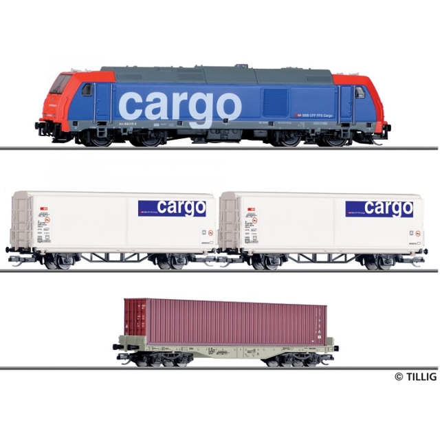Startset analog cu locomotiva diesel si 3 vagoane marfa SBB,TT, Tilling